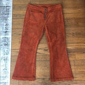 Wide leg, high-rise, rust colored corduroy capris